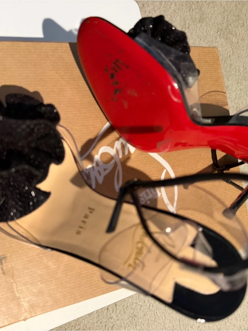 Christian Louboutin Clear Slingback Heels with Black Floral Bow